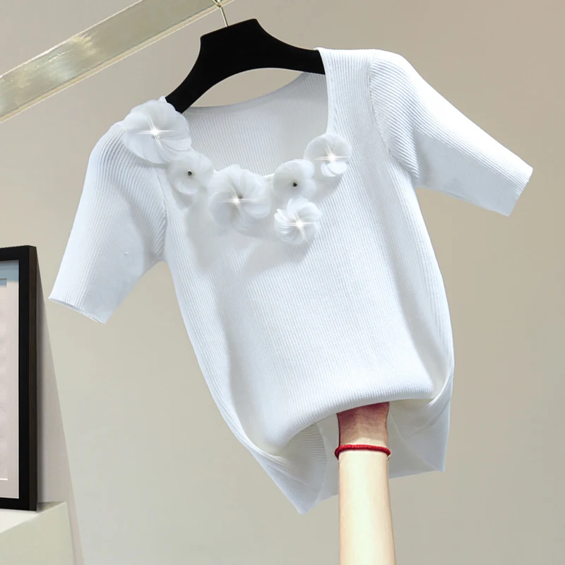 Женская трикотажная футболка, однотонная облегающая эластичная трикотажная футболка со стразами, плиссированная вязаная рубашка с цветами, футболки с коротким рукавом для лета, 2023
Женская трикотажная футболка, однотонная облегающая эластичная трикотажная футболка со стразами, плиссированная вязаная рубашка с цветами, футболки с коротким рукавом для лета, 2023