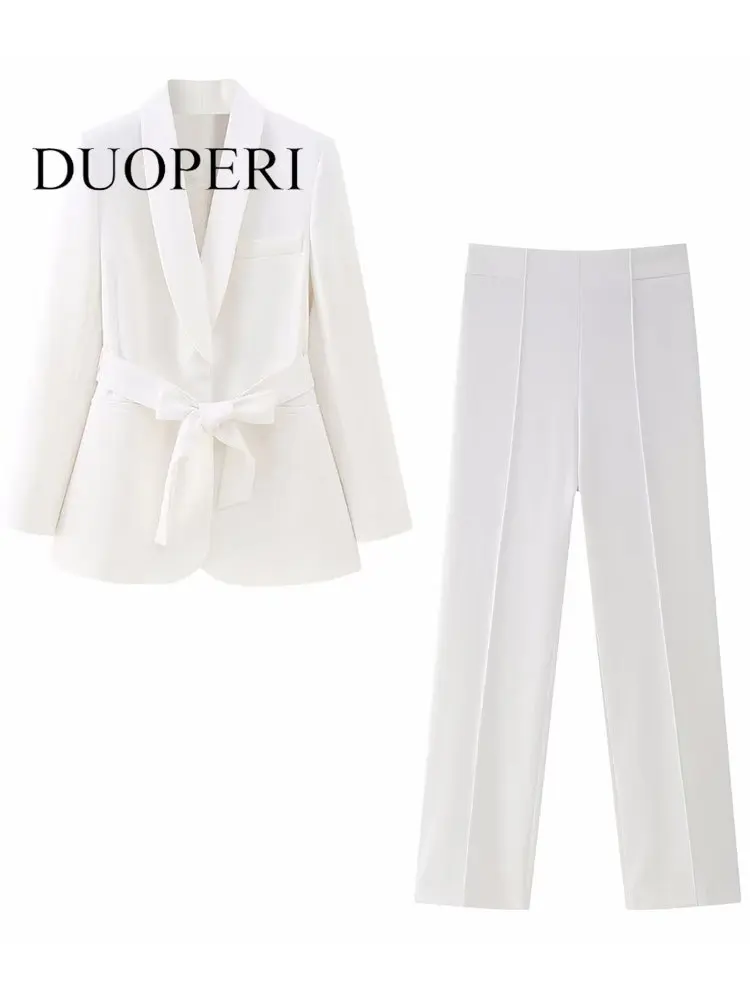 DUOPERI Women Fashion 2 Piece Suit With Belt Single Button Blazer & Vintage Side Zipper Trouser Female Office Blazer Pants Set
DUOPERI Women Fashion 2 Piece Suit With Belt Single Button Blazer & Vintage Side Zipper Trouser Female Office Blazer Pants Set
