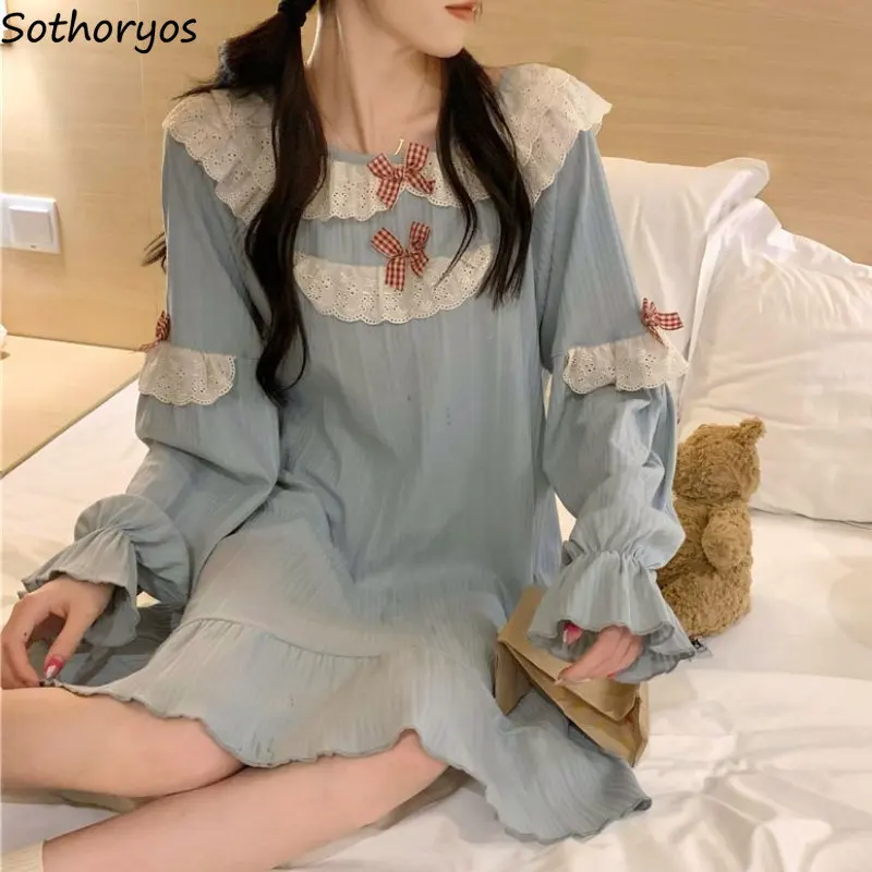 Kawaii Bow Nightgowns Women Korean Fashion Schoolgirls Long Sleeve Sleepwear Leisure Comfortable Mid-calf Home Spring Popular
Kawaii Bow Nightgowns Women Korean Fashion Schoolgirls Long Sleeve Sleepwear Leisure Comfortable Mid-calf Home Spring Popular
