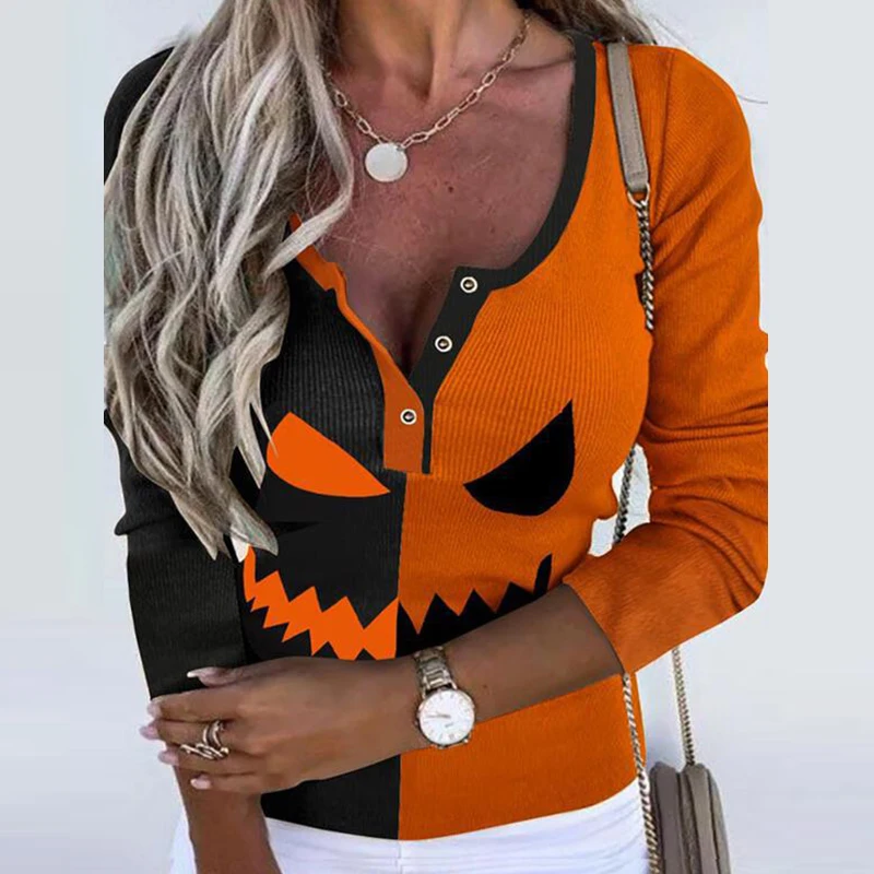 Блузка женская с принтом на Хэллоуин, пикантная офисная рубашка на пуговицах, с V-образным вырезом, Топ с длинным рукавом, пуловер, весна-осен... 
Блузка женская с принтом на Хэллоуин, пикантная офисная рубашка на пуговицах, с V-образным вырезом, Топ с длинным рукавом, пуловер, весна-осен...