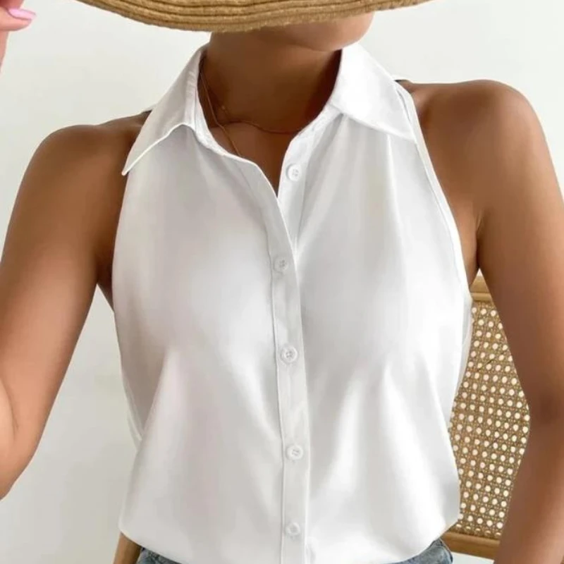 Women White Shirt Summer European & American Fashion Plain Casual Blouses Women's Turn Down Collar Sleeveless Buttoned Top
Women White Shirt Summer European & American Fashion Plain Casual Blouses Women's Turn Down Collar Sleeveless Buttoned Top