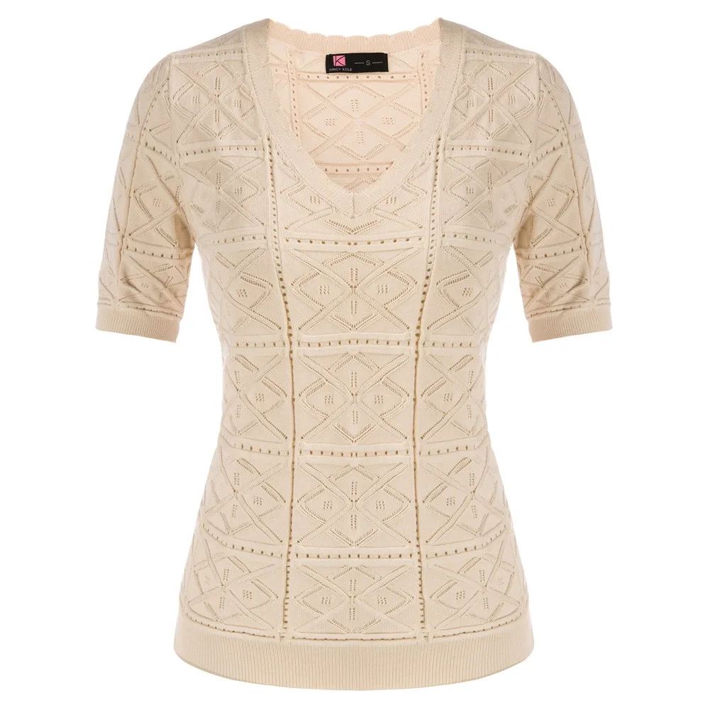 Women Hollowed-Out Sweater T-shirt Summer Short Sleeve V-Neck Ribbed Trim Knitted Tops Summer Clothing Fashion Lady Tee Shirt
Women Hollowed-Out Sweater T-shirt Summer Short Sleeve V-Neck Ribbed Trim Knitted Tops Summer Clothing Fashion Lady Tee Shirt
