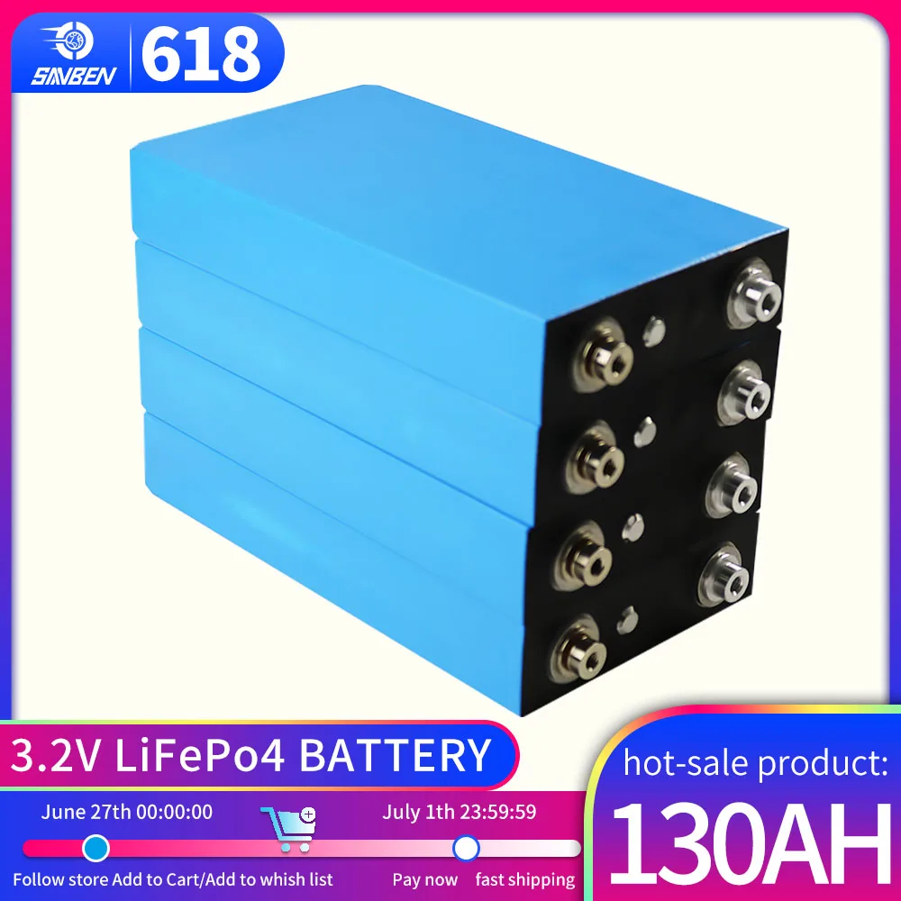 3.2V 130Ah Recargable Lifepo4 Battery Pack Grade A Lithium Iron Phosphate Prismatic Cell Suit for Solar Energy System RV Vans
3.2V 130Ah Recargable Lifepo4 Battery Pack Grade A Lithium Iron Phosphate Prismatic Cell Suit for Solar Energy System RV Vans