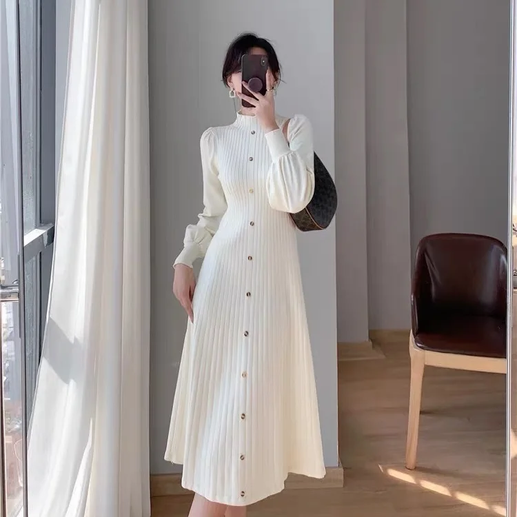 Knitted Sweater Dress Women 2023 Fall Winter Elegant Warm Mock Collar Button A Line Long Sleeve Sweater Dress Female R172 
Knitted Sweater Dress Women 2023 Fall Winter Elegant Warm Mock Collar Button A Line Long Sleeve Sweater Dress Female R172