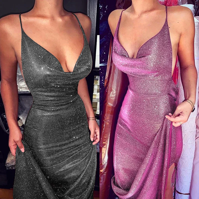 French Style Spaghetti Strap V Neck Sexy Sleeveless Glitter Sling Long Shiny Formal Prom Party Night Club Backless Dress
French Style Spaghetti Strap V Neck Sexy Sleeveless Glitter Sling Long Shiny Formal Prom Party Night Club Backless Dress