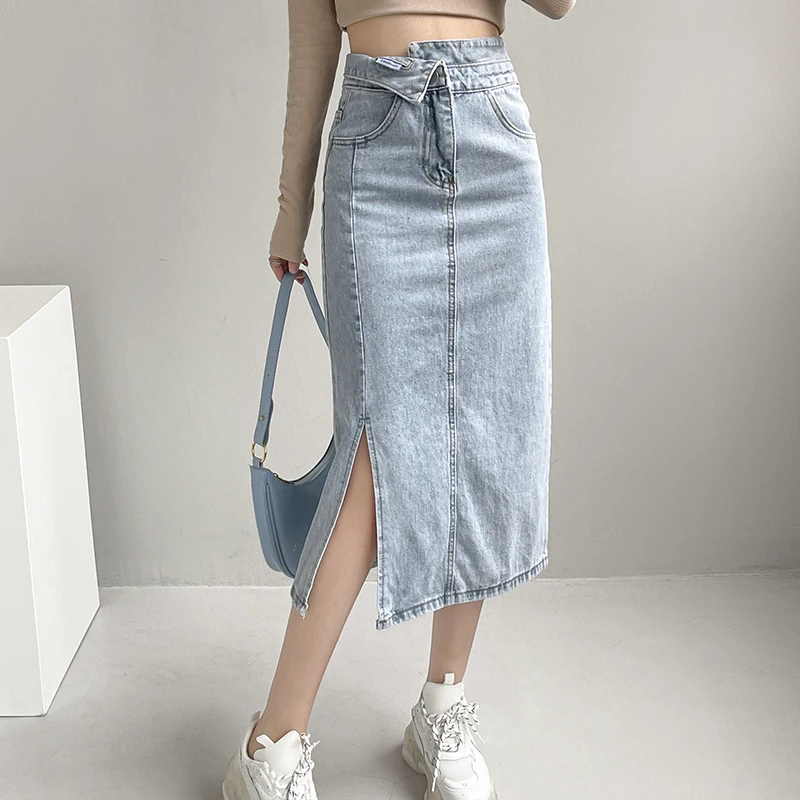 Vintage Irregular Waist Straight Split Skirts Women Summer Sexy Streetwear High Waise Jeans Skirts Female Light Blue Denim Skirt
Vintage Irregular Waist Straight Split Skirts Women Summer Sexy Streetwear High Waise Jeans Skirts Female Light Blue Denim Skirt