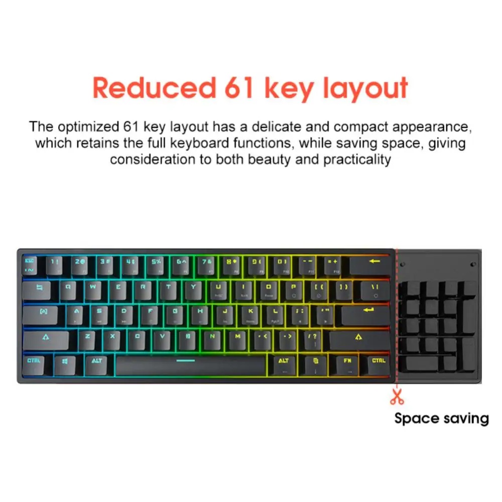 

Wired Mechanical Keyboard Adjustable Double-end Foot Support 61-key Blue Switch 7 Color Backlight Double-color Key Usb
