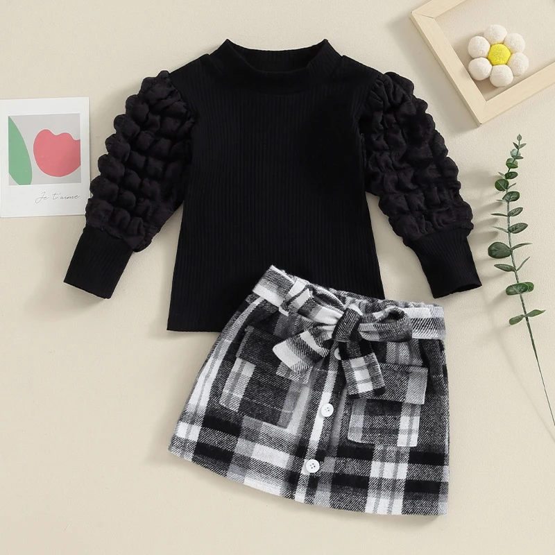 Baby Girl Plaid Skirt Outfit Bubble Sleeve Long Sleeve Sweater Solid Color Pullover Tops Plaid Print Belted Skirt Set
Baby Girl Plaid Skirt Outfit Bubble Sleeve Long Sleeve Sweater Solid Color Pullover Tops Plaid Print Belted Skirt Set