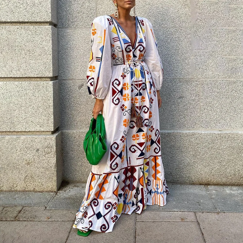 2023 New Sexy V Neck Tie Tassel Dress Women Print Ruffle Maxi Dress Elegant Lantern Sleeve Beach Party Maxi Dress
2023 New Sexy V Neck Tie Tassel Dress Women Print Ruffle Maxi Dress Elegant Lantern Sleeve Beach Party Maxi Dress
