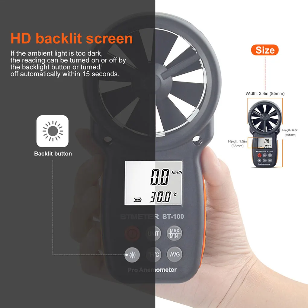 

Digital Display Portable Anemometer with Fan Handheld HD Backlight Screen Wind Speeds Meter Measuring Tool Working