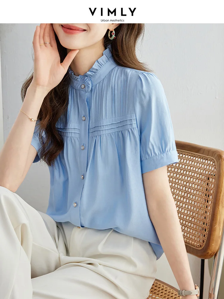 Vimly French Chic Chiffon Shirts & Blouses 2023 Summer New Stand Collar Short Sleeves Blue Top Women Straight Female Clothing
Vimly French Chic Chiffon Shirts & Blouses 2023 Summer New Stand Collar Short Sleeves Blue Top Women Straight Female Clothing