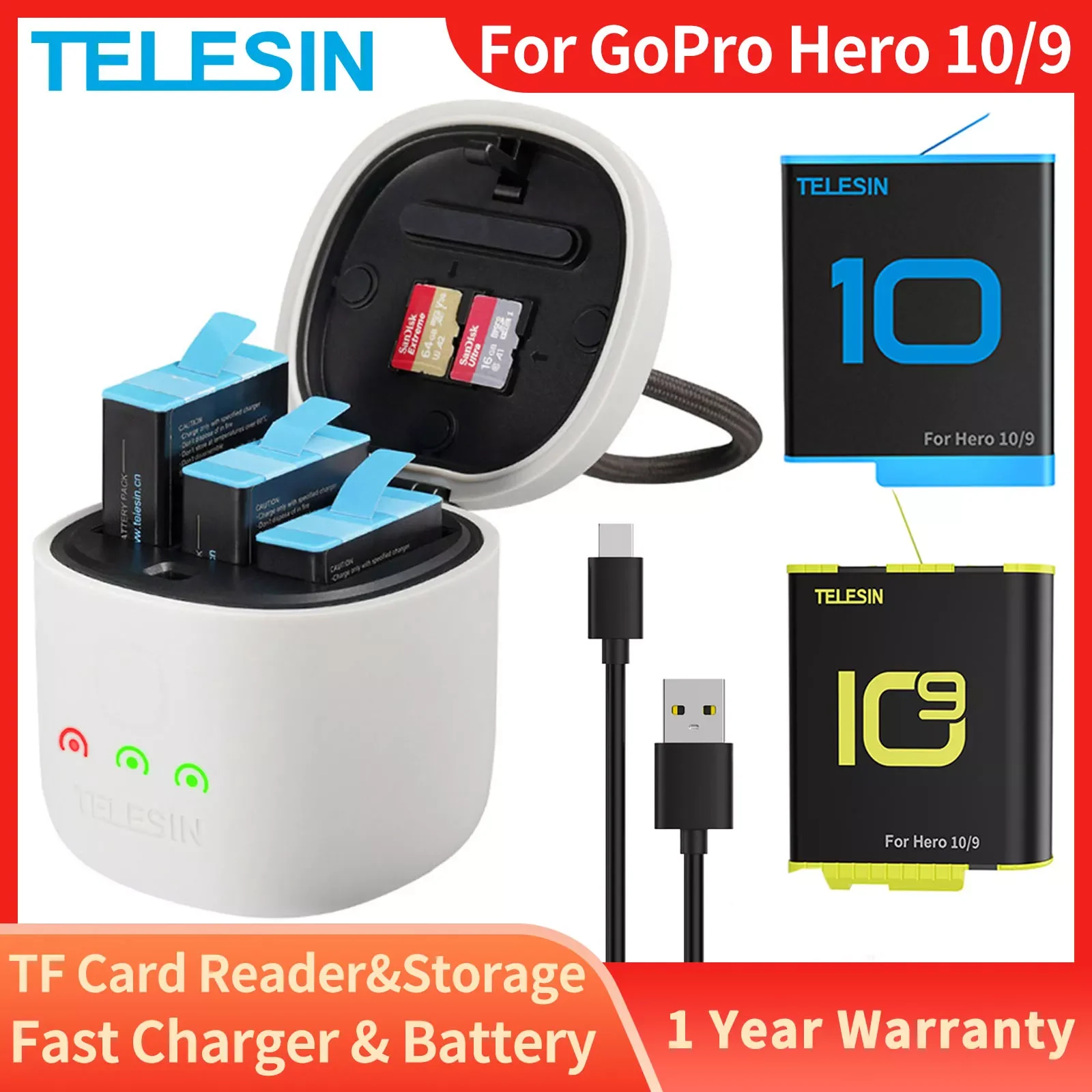 TELESIN 3Pack Battery 1750mAh For GoPro 9 10 3 Slots Fast Charger TF Card Reader Charging Box for GoPro Hero 9 10 Accessories
TELESIN 3Pack Battery 1750mAh For GoPro 9 10 3 Slots Fast Charger TF Card Reader Charging Box for GoPro Hero 9 10 Accessories