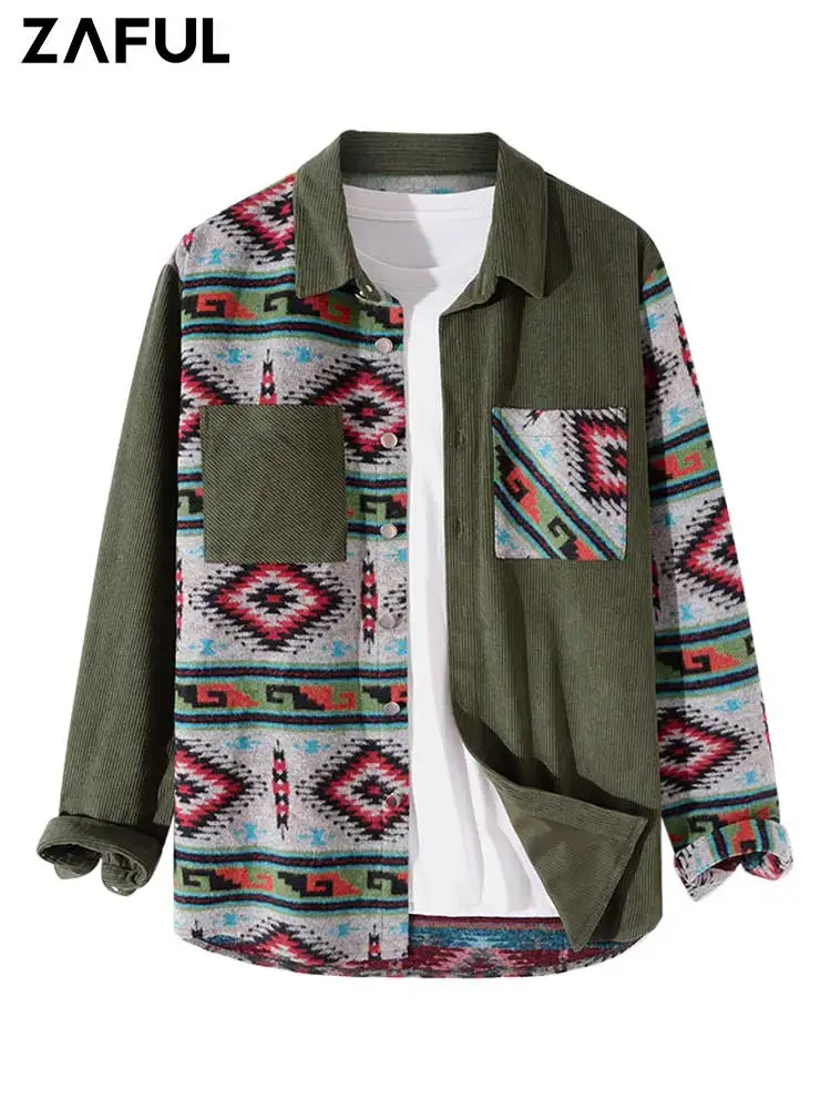 

ZAFUL Corduroy Shirt Jacket Colorblock Ethnic Print Spliced Long Sleeve Outerwear Unisex Shacket Streetwear Tops Z5055779