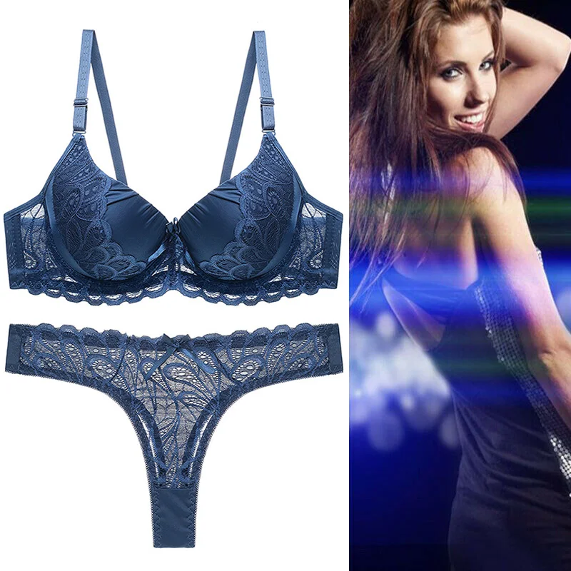 

Sexy Thong and Bra Set Women bra Set Push Up 3/4 Cup Blue Bra Set Adjusted-straps Lace Bralette Underwear Panty Set 34-44 A B C