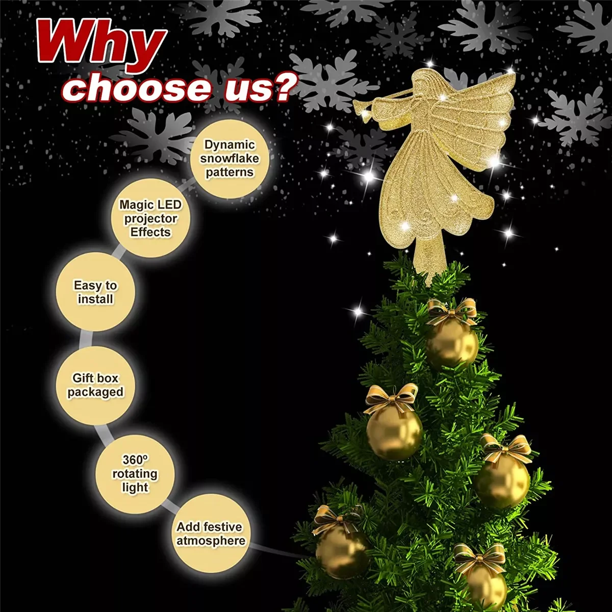 Christmas Tree Topper Angel Lighted Projector 3D Rotating Star Xmas Tree Topper LED Night Light for Christmas Tree Decorations
Christmas Tree Topper Angel Lighted Projector 3D Rotating Star Xmas Tree Topper LED Night Light for Christmas Tree Decorations