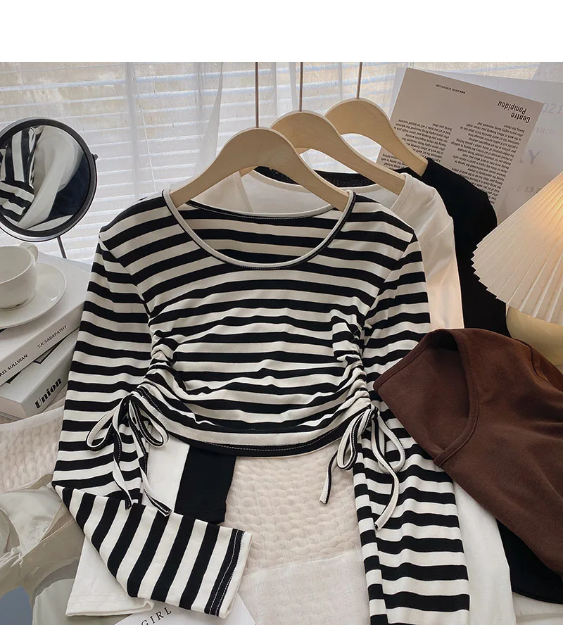 Autumn Korean all-match short pullover drawstring round neck long-sleeved knitted t-shirt women
Autumn Korean all-match short pullover drawstring round neck long-sleeved knitted t-shirt women