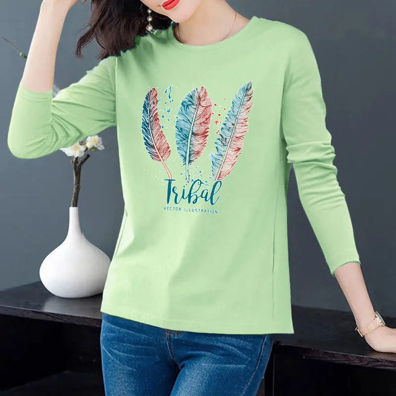 Spring and autumn new feather print long-sleeved T-shirt women's fashion simple all-match women's bottoming shirt gray22
Spring and autumn new feather print long-sleeved T-shirt women's fashion simple all-match women's bottoming shirt gray22