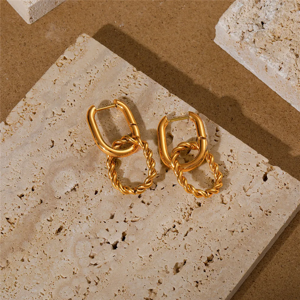 CANNER U-shaped Double Hoop Twist Pendant Earring Statement Stainless Steel 18K Texture Gold Plated Dangle Earrings For Women 
CANNER U-shaped Double Hoop Twist Pendant Earring Statement Stainless Steel 18K Texture Gold Plated Dangle Earrings For Women