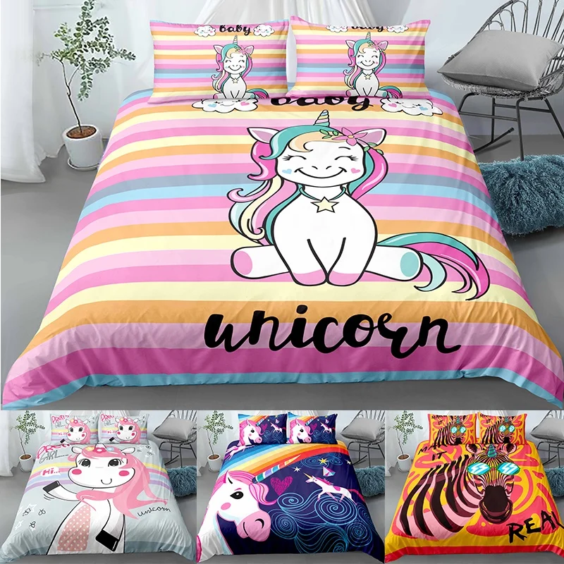 

Juego de cama de unicornio con dibujos animados, funda de edredón, fundas de almohada, tamaño doble, Queen y King, ropa de cama