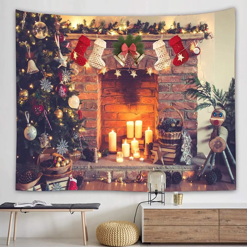 

Christmas Tapestry Wall Hanging Snowflakes Santa Claus Christmas Tree Winter Night Decoration Tapestry Fireplace Christmas gifts