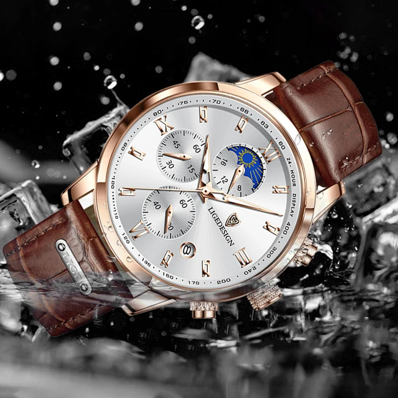 Часы наручные LIGE Мужские кварцевые с хронографом брендовые Роскошные спортивные