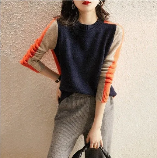 High end fashion round neck color matching bottoming knitwear women's autumn and winter loose sweater oversized sweater
High end fashion round neck color matching bottoming knitwear women's autumn and winter loose sweater oversized sweater