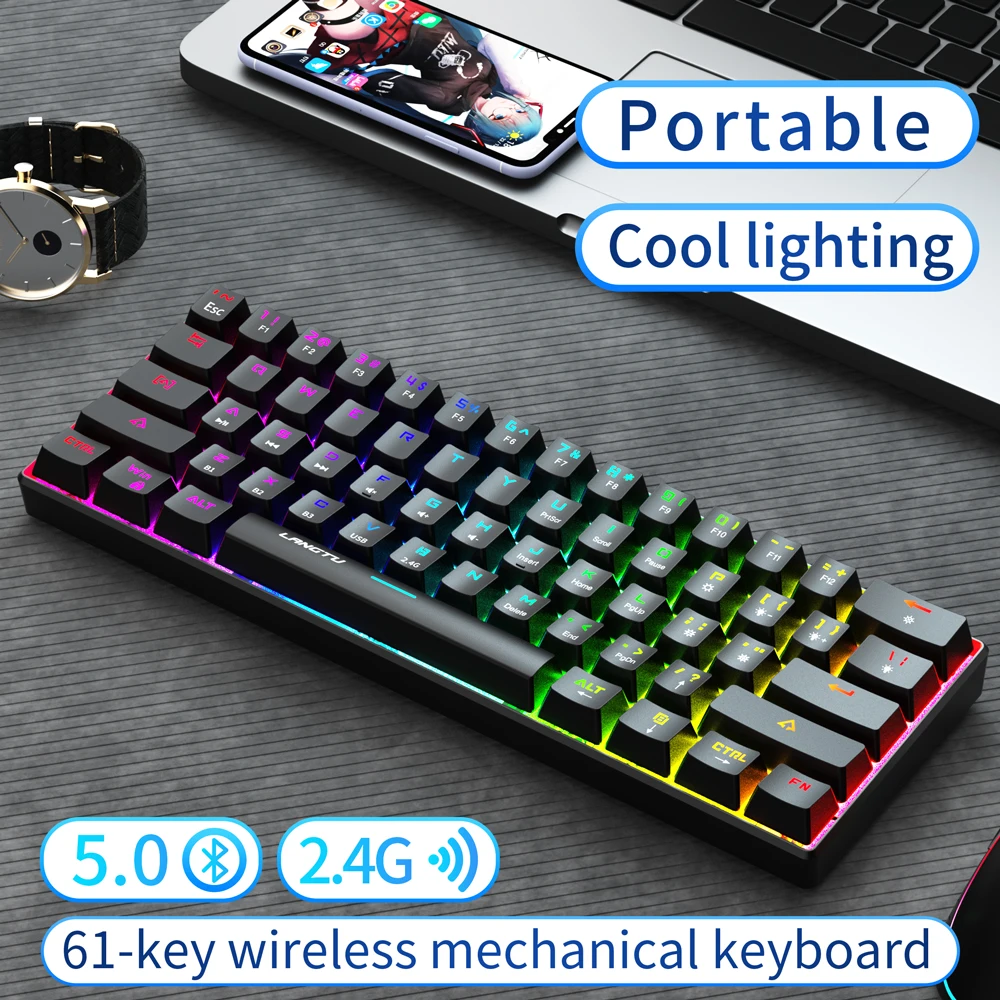 Wireless Bluetooth Gaming Mechanical Keyboard 61 Keys 60% RGB Backlit Gaming Keyboard, For Desktop Tablet Laptop
Wireless Bluetooth Gaming Mechanical Keyboard 61 Keys 60% RGB Backlit Gaming Keyboard, For Desktop Tablet Laptop