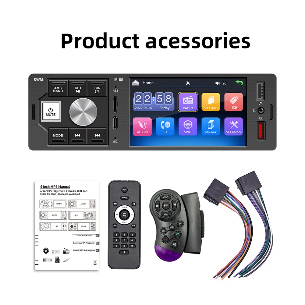 Car MP5 Video Audio Radio Bluetooth Player Hands-free Reversing 1 Din 4in Video Dual USB Card U Disk Machine
Car MP5 Video Audio Radio Bluetooth Player Hands-free Reversing 1 Din 4in Video Dual USB Card U Disk Machine