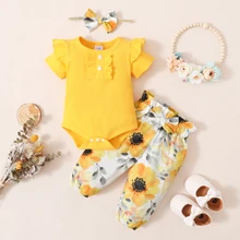 Newborn Baby Girl Clothes Set Short Sleeve Romper + Flower Pant + Bowknot Headband Summer 3PCS Outfit Toddler Baby Girl Clothing