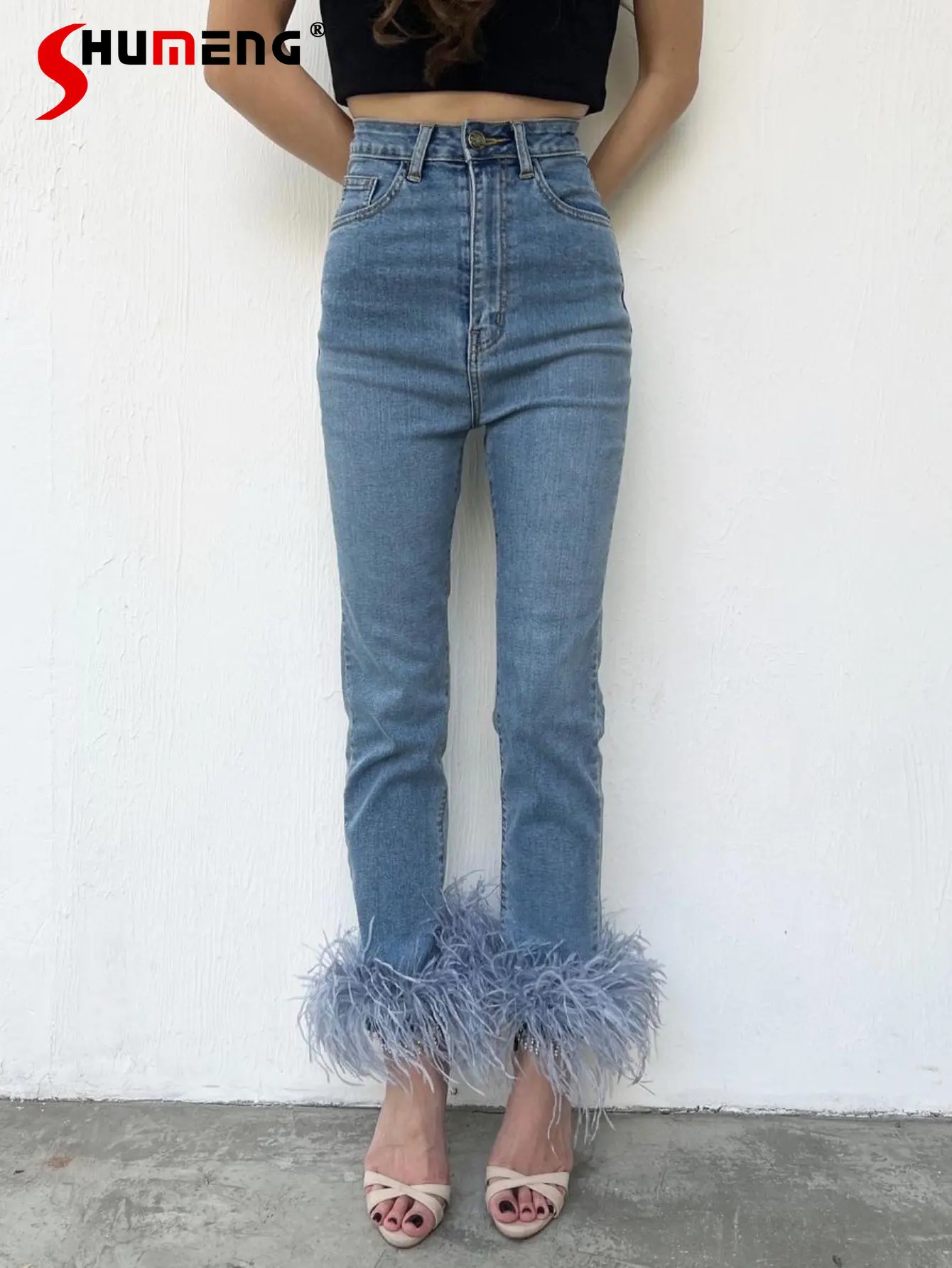 

High-Grade Tassel Ostrich Feather Stitching Jeans for Women Thai Fashion High Waist Stretch Ankle-Length Denim Pants High Street