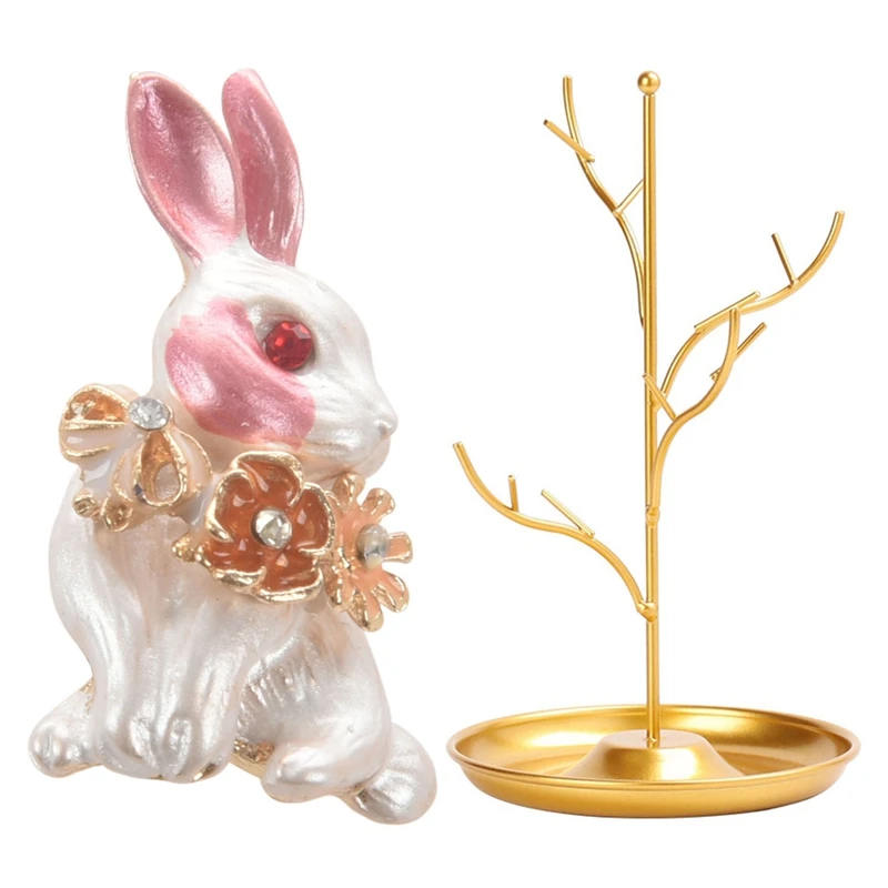 

1 Pcs Pink Rabbit Flower Wrench Enamel Brooches & 1 Pcs Jewelry Display Stand Rack Tree Stand Golden