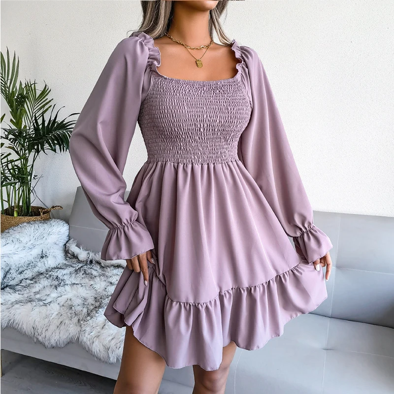 

OTEN Women's Square Neck Ruffle A-Line Dress Summer Solid Color Time Pleated Flared Long Sleeve High Waist Party Swing Dress