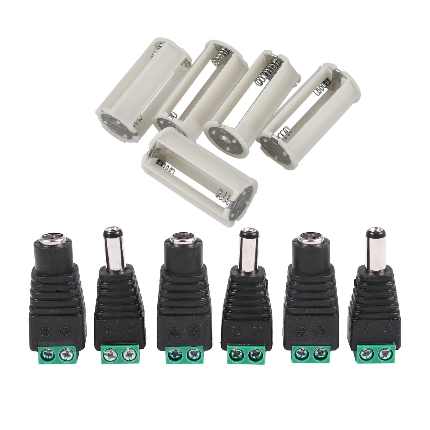 

New 5X Serial Connection 3X 1.5V AA Battery Plastic Holder & 6 Pcs 5.5X2.1Mm Female + Male CCTV DC Power Connector Adapter