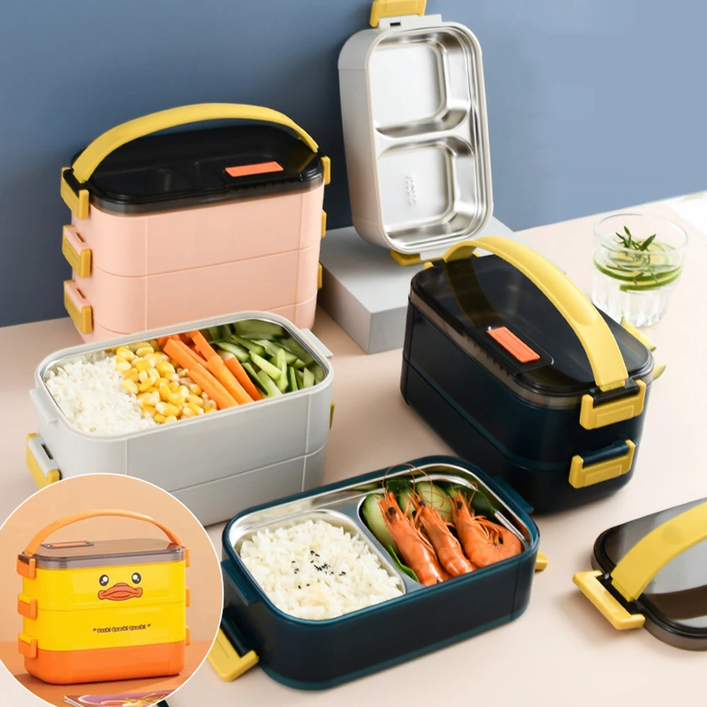 

304Stainless Steel Lunch Box Double-Layer Microwave-Heated Bento Box Student Little Yellow Duck Compartment Insulation Snack Box
