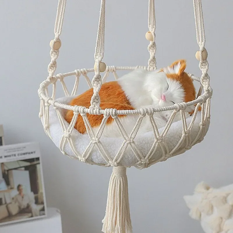 

Hand Woven Cat Swing Tapestry Bed Macrame Rope Pet Cat Hammock for Cat Perch Wall Hanging Basket Sleeping Mat Home Decor Cat Bed