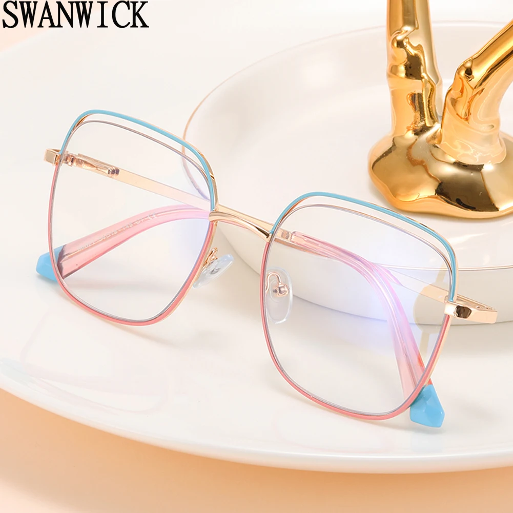 

Женские металлические очки Swanwick с голубым светом, квадратные очки карамельных цветов, оправы для очков для женщин, зимние голубые и розовые прозрачные линзы