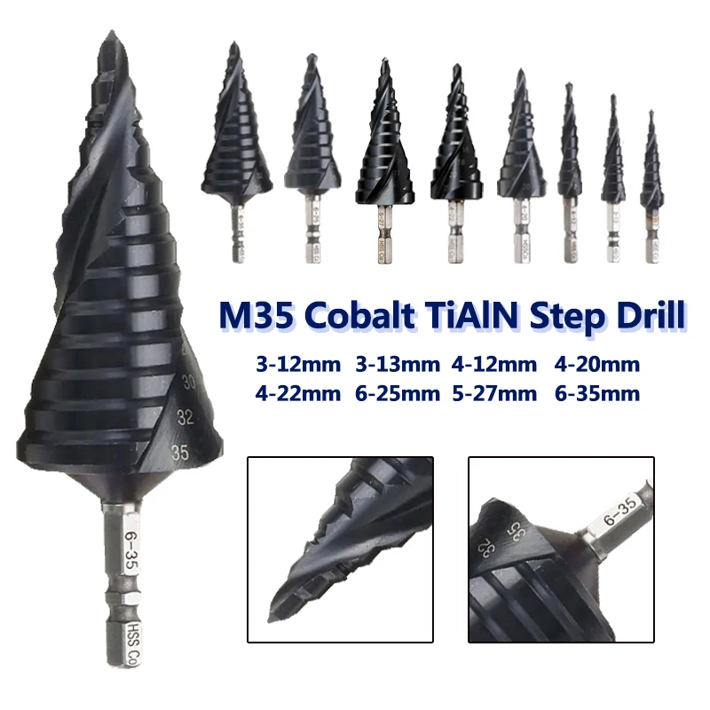 HRC89 M35 Cobalt TiAlN Coated Step Drill Bit 1/4 Inch Hex Shank High Speed Steel Metal Drilling Hole Opener For Stainless Steel
HRC89 M35 Cobalt TiAlN Coated Step Drill Bit 1/4 Inch Hex Shank High Speed Steel Metal Drilling Hole Opener For Stainless Steel