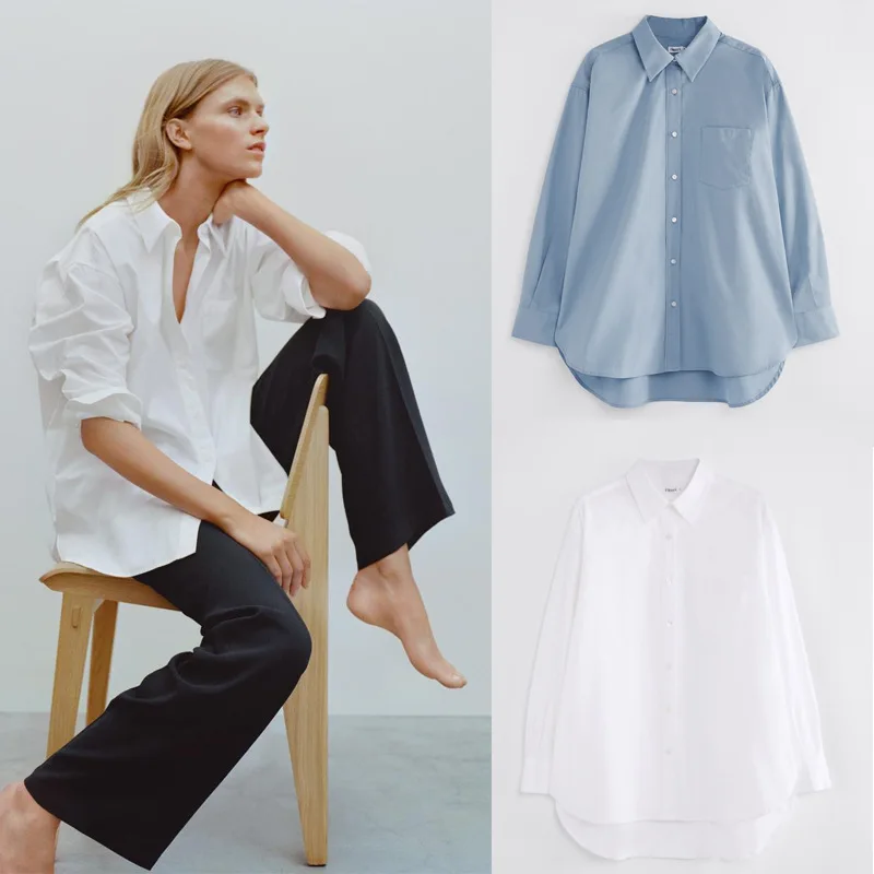 Women Cotton Loose Blouse White or Blue Turn-Down Collar One Pocket Simple Long-Sleeved Office Lady Shirts Top
Women Cotton Loose Blouse White or Blue Turn-Down Collar One Pocket Simple Long-Sleeved Office Lady Shirts Top