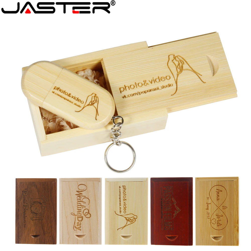 

JASTER Key Chain USB Flash Drives 128GB Free Custom Logo Memory Stick Walnut Wooden Box Pen Drive 64GB Red Wood Pendrive 32GB U