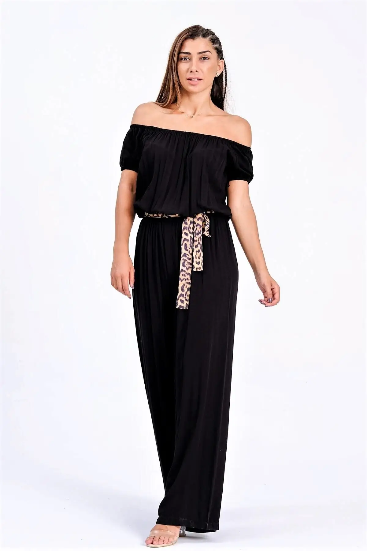 Women's Overalls Black Carmen Collar Leopard Belt Elastic Waist Woven Jumpsuit Hot Casual Fashion Jumpsuit
Women's Overalls Black Carmen Collar Leopard Belt Elastic Waist Woven Jumpsuit Hot Casual Fashion Jumpsuit