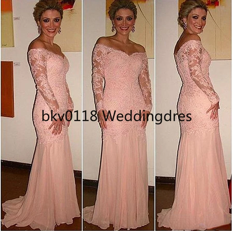 

Off-the-shoulder Neckline Mermaid Formal Dresses With Beaded Lace Appliques Long Sleeves Blush Sexy Mother of the Bridal Dress