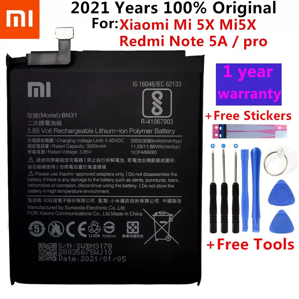 2023New Xiao Mi Original Phone Battery BN31 for Xiaomi Mi 5X Mi5X Redmi Note 5A / Pro Mi A1 Redmi Y1 Lite S2 3000mAh Batteries +
2023New Xiao Mi Original Phone Battery BN31 for Xiaomi Mi 5X Mi5X Redmi Note 5A / Pro Mi A1 Redmi Y1 Lite S2 3000mAh Batteries +