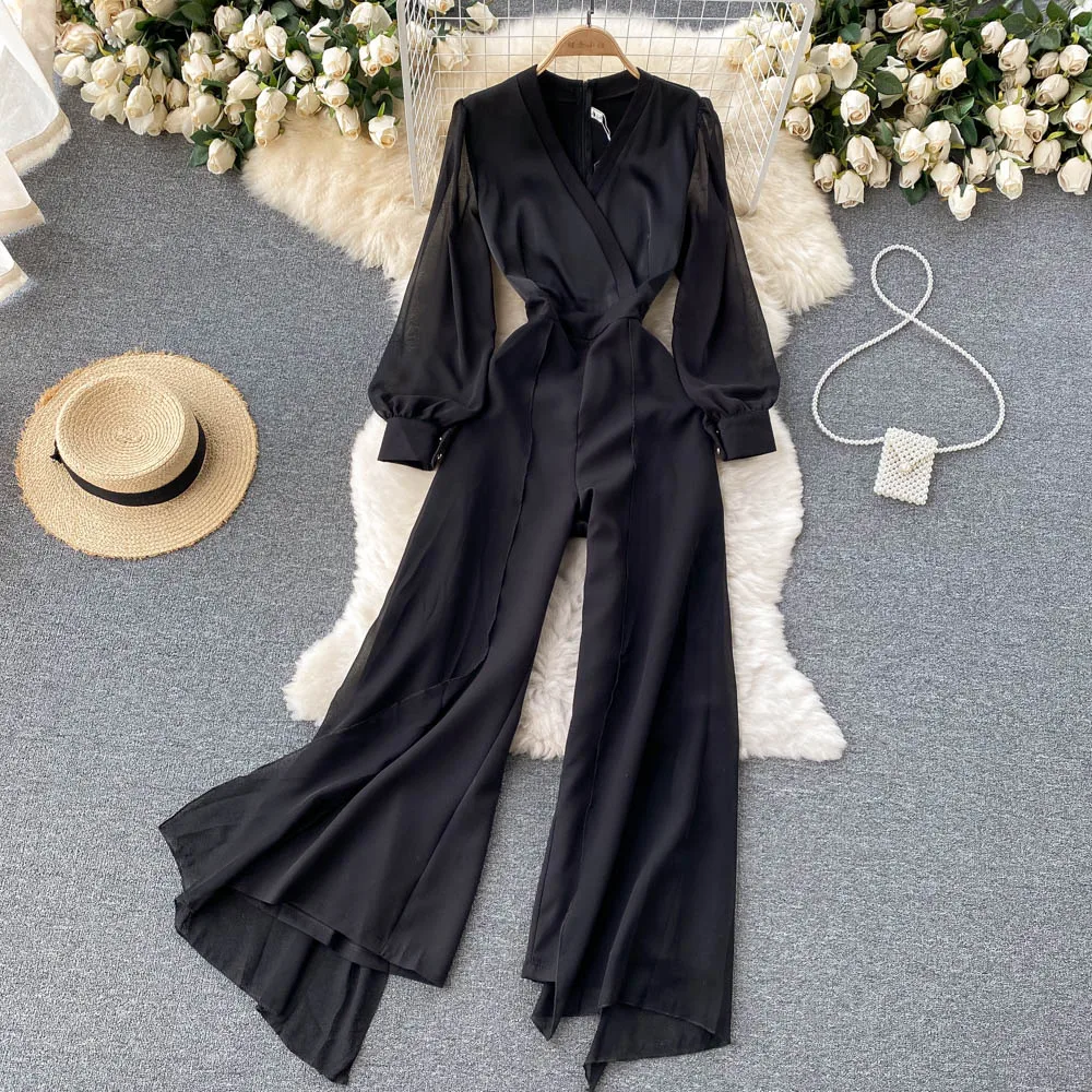 

The Imperial Sister Light Mature Style V-neck Chic Senior Sense of High Waist Thin Mesh Splicing Jumpsuit