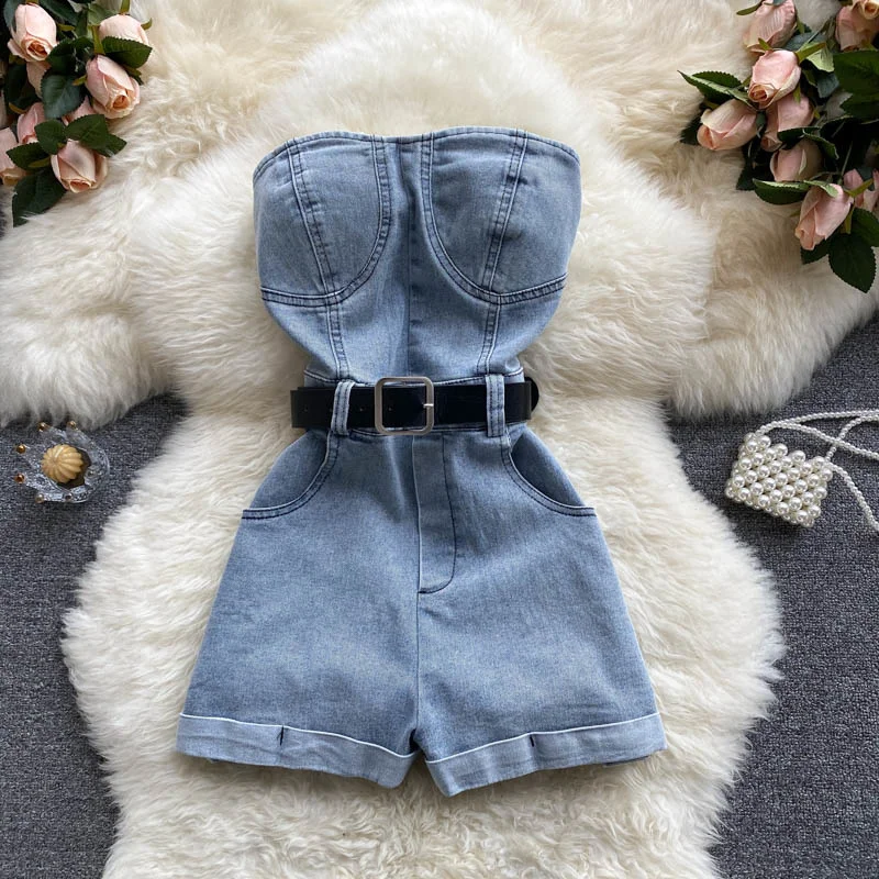 2022 Blue Summer Shorts Sleeveless Romper Women Sexy Stapless Denim Playsuit Casual Cargos Belted Jeans Overalls Fashion
2022 Blue Summer Shorts Sleeveless Romper Women Sexy Stapless Denim Playsuit Casual Cargos Belted Jeans Overalls Fashion