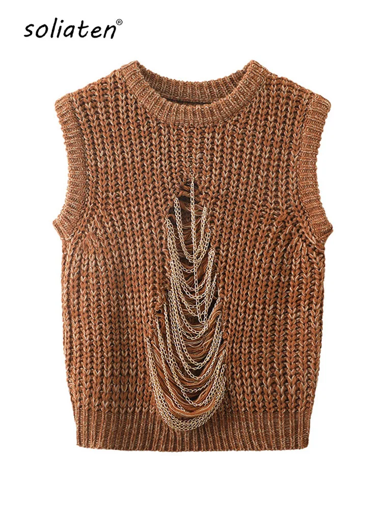 Metal Chain Waistcoat Sleeveless Hollow Out Personality Knitted Tops Autumn Pullover Sweaters Vintage Lady Short Vests C-087
Metal Chain Waistcoat Sleeveless Hollow Out Personality Knitted Tops Autumn Pullover Sweaters Vintage Lady Short Vests C-087