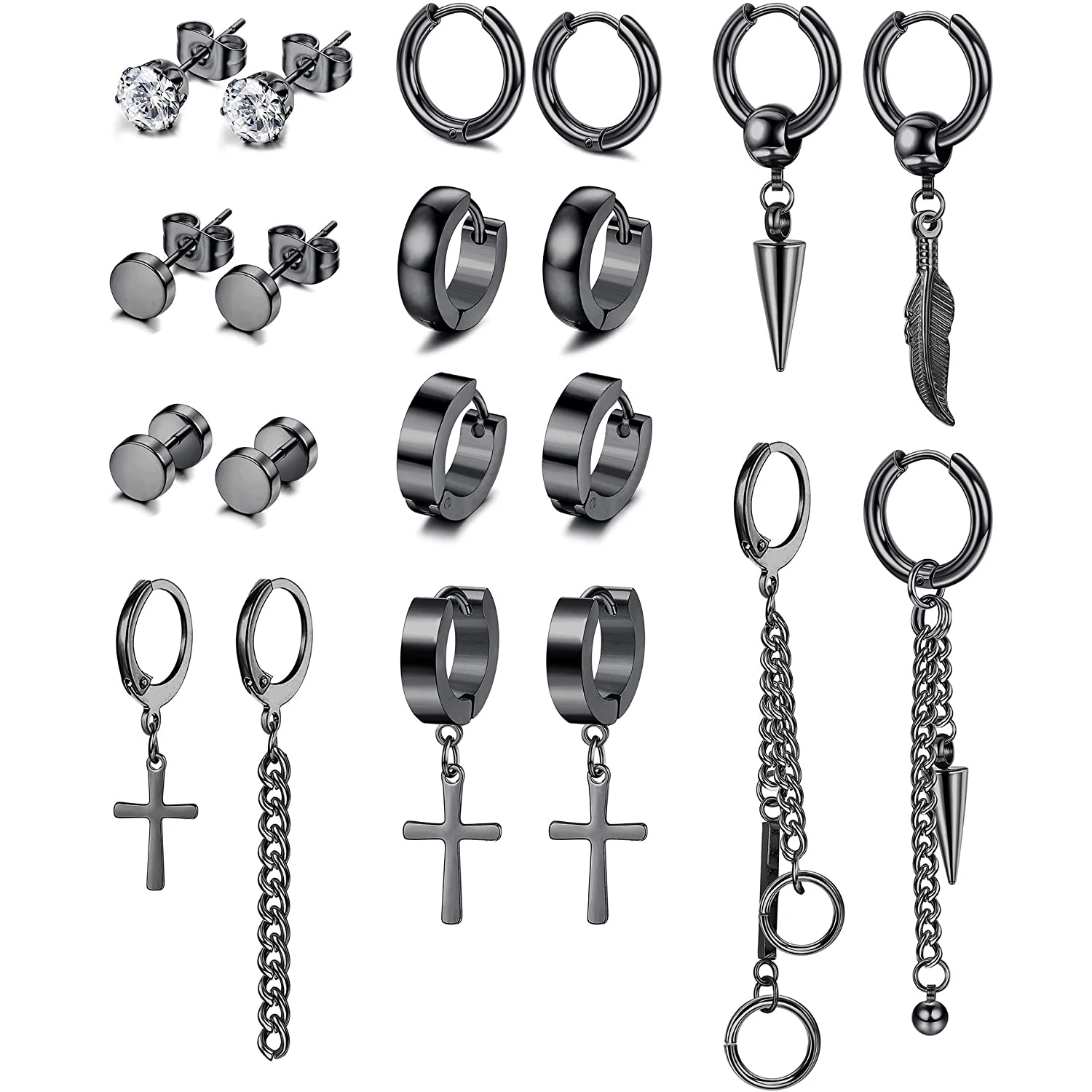 10 Pairs Stainless Steel Dangle Earrings for Men Women Cool Black CZ Stud Hinged Hoop Cross Feather Chain Drop Earring Set
10 Pairs Stainless Steel Dangle Earrings for Men Women Cool Black CZ Stud Hinged Hoop Cross Feather Chain Drop Earring Set