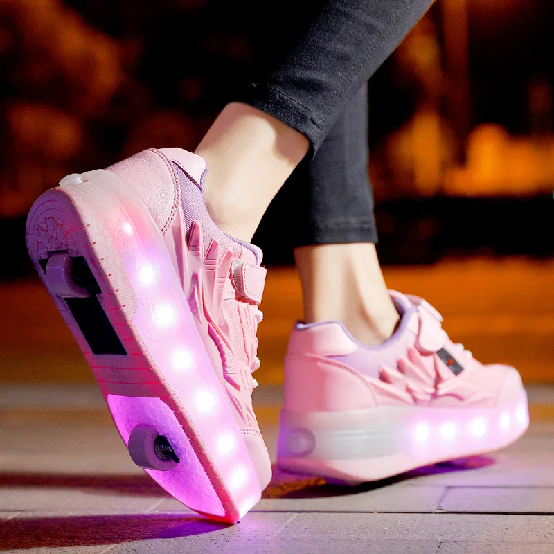 

Кроссовки роликовые для мальчиков и девочек, модные спортивные повседневные ботинки со светодиодной подсветкой, брендовые мигающие, подар...