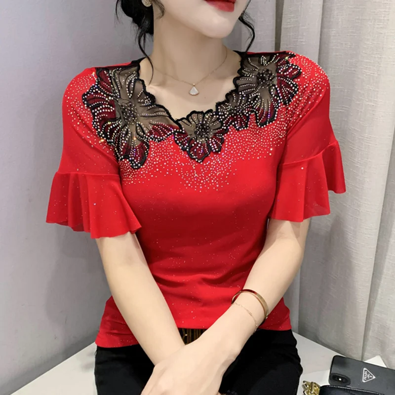 Summer 2022 New Women's T-Shirt Lace Hot Diamond Stitching Butterfly Sleeved Mesh Tops Fashion Casual Hollow Out Blusas
Summer 2022 New Women's T-Shirt Lace Hot Diamond Stitching Butterfly Sleeved Mesh Tops Fashion Casual Hollow Out Blusas