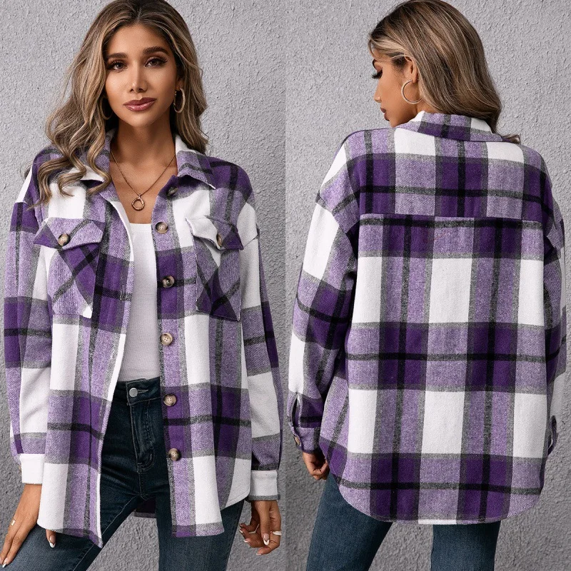 Aw2021 loose fleece Plaid Shirt women's elegant Lapel long sleeve double pocket Purple Plaid print short tweed coat women
Aw2021 loose fleece Plaid Shirt women's elegant Lapel long sleeve double pocket Purple Plaid print short tweed coat women