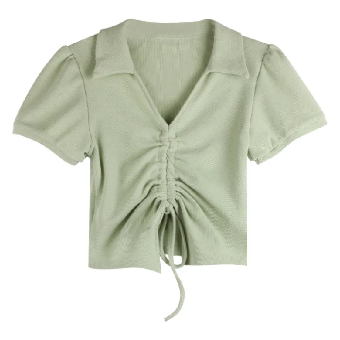 Short-sleeved t-shirt female summer niche design feeling drawstring V-neck wrinkle short sweet spicy wind ins jacket Black 
Short-sleeved t-shirt female summer niche design feeling drawstring V-neck wrinkle short sweet spicy wind ins jacket Black